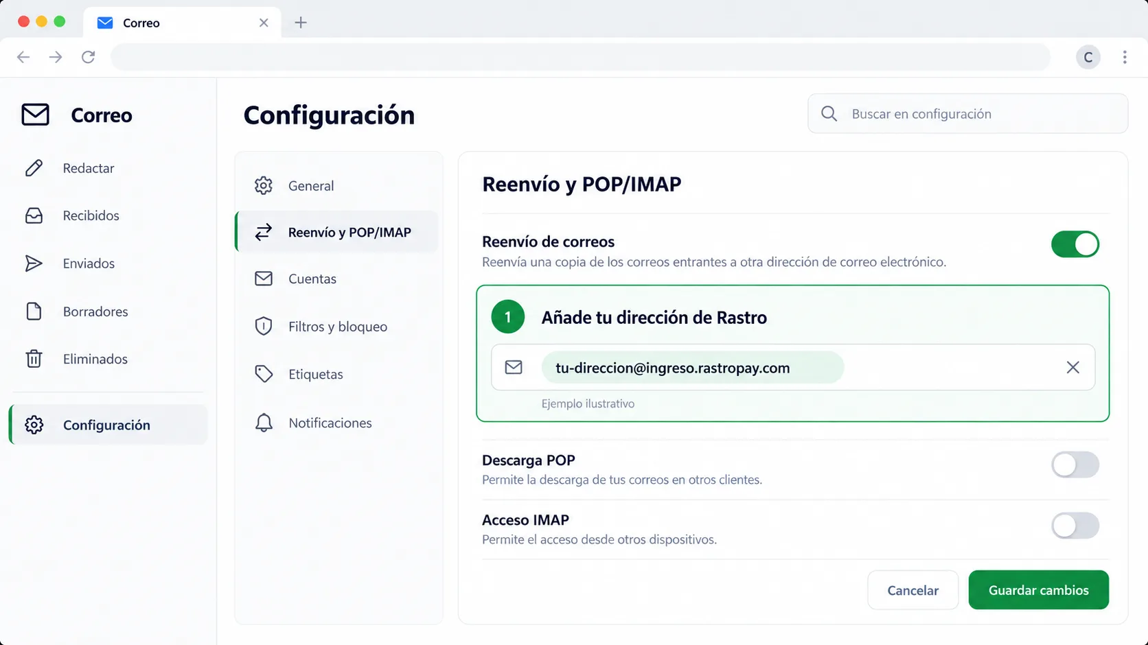 Ejemplo ilustrativo de configuración de reenvío hacia una dirección de Rastro.