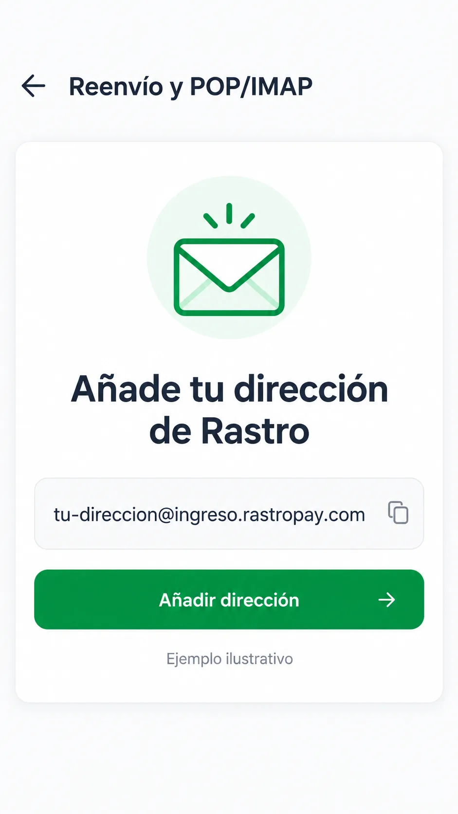 Ejemplo ilustrativo móvil de configuración de reenvío hacia una dirección de Rastro.